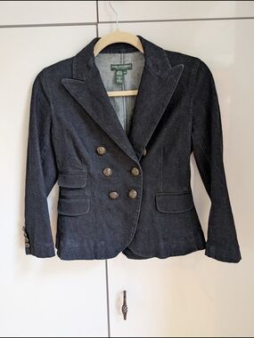 Ralph Lauren Petite Dark Blue Double-Breasted Denim Blazer